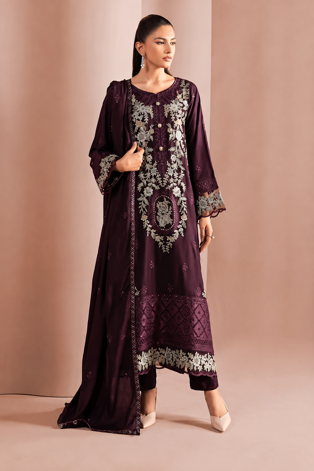Embroidered Dhanak 3 Piece Winter Suit with Big Shawl