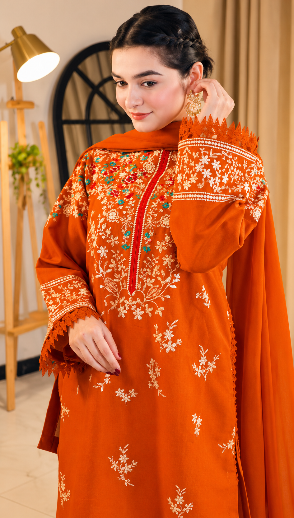 Burnt Orange Embroidered Winter 3 Piece Unstitched Suit