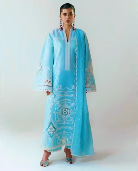 Turquoise Blue Embroidered Dhanak 3 Piece Suit