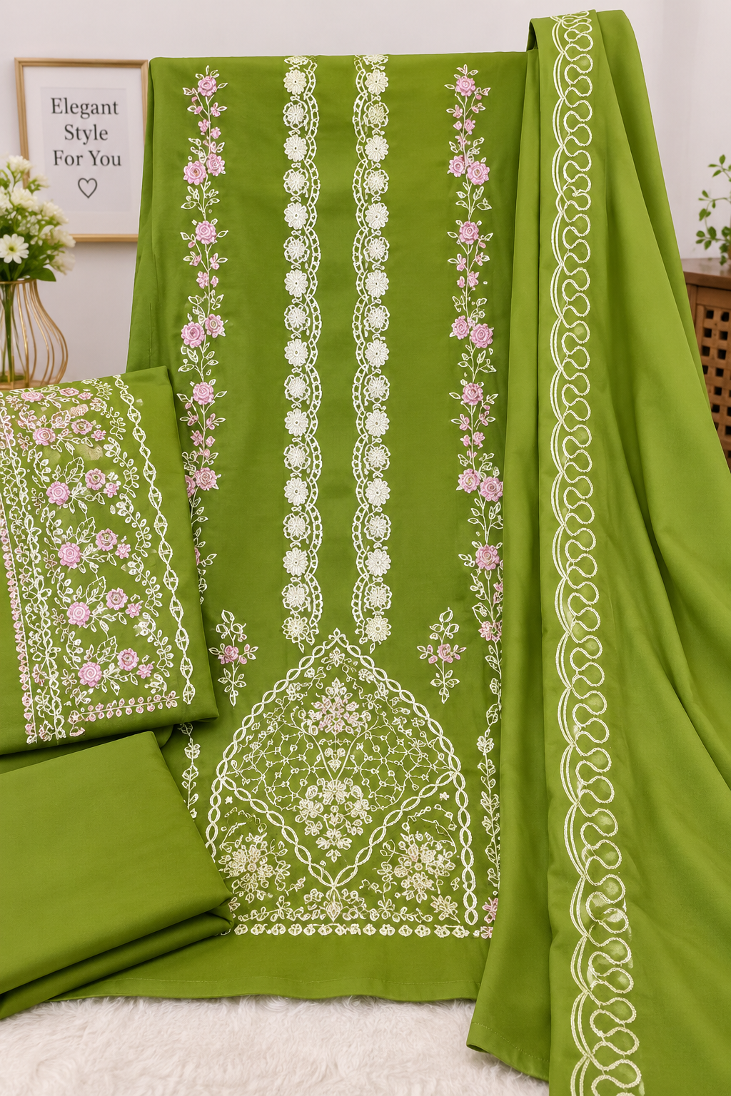 Dhanak 3 Piece Unstitched Fully Embroidered Suit | Embroidered Lawn/Khaddar Style Shirt, Plain Trouser & Ready-to-Wear Dupatta