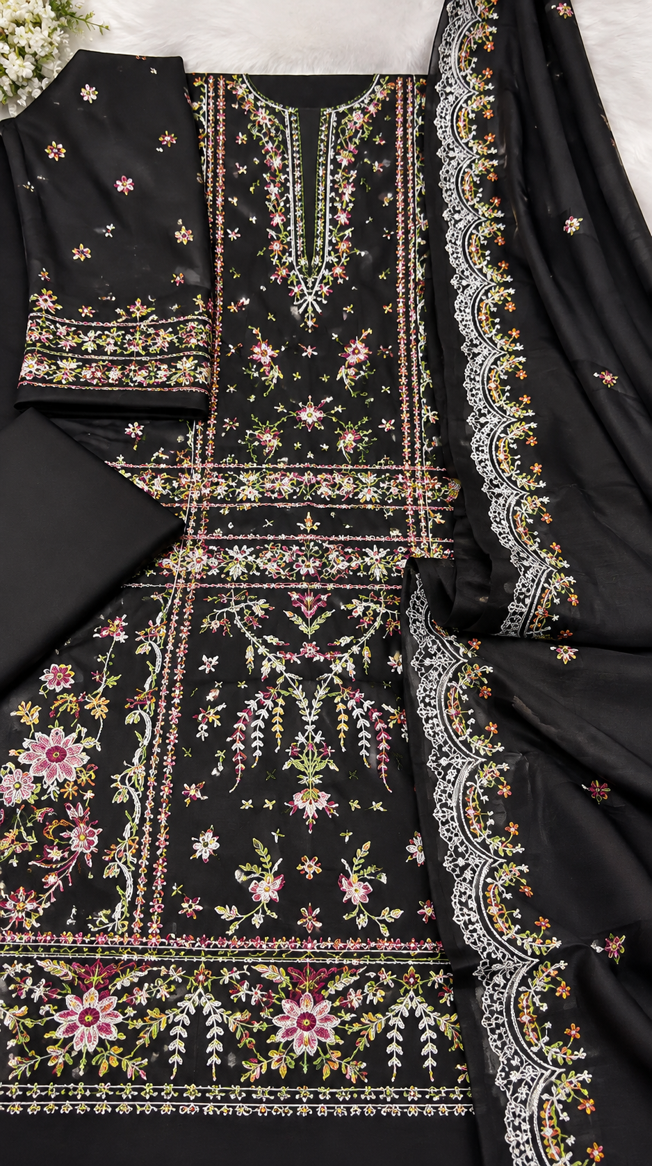 Black 3 Piece Embroidered Suit | Floral Embroidered Kameez, Trouser & Dupatta