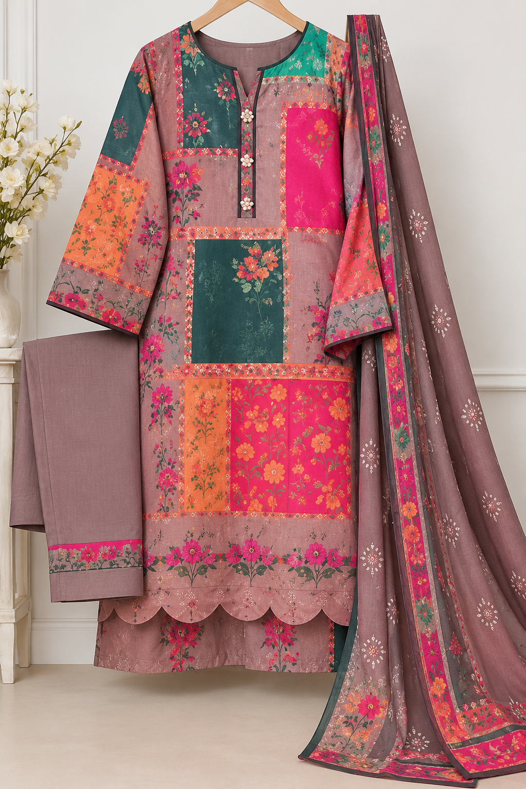 Brown Floral Printed Dupatta with Multicolor Border