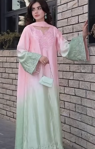 Pastel Mint Green & Pink Embroidered Silk 2 Piece Suit  Add a soft and elegant touch to your wardrobe with this beautiful mint green and blush pink embroidered silk 2-piece suit. The delicate pastel color combination creates a graceful and feminine look,