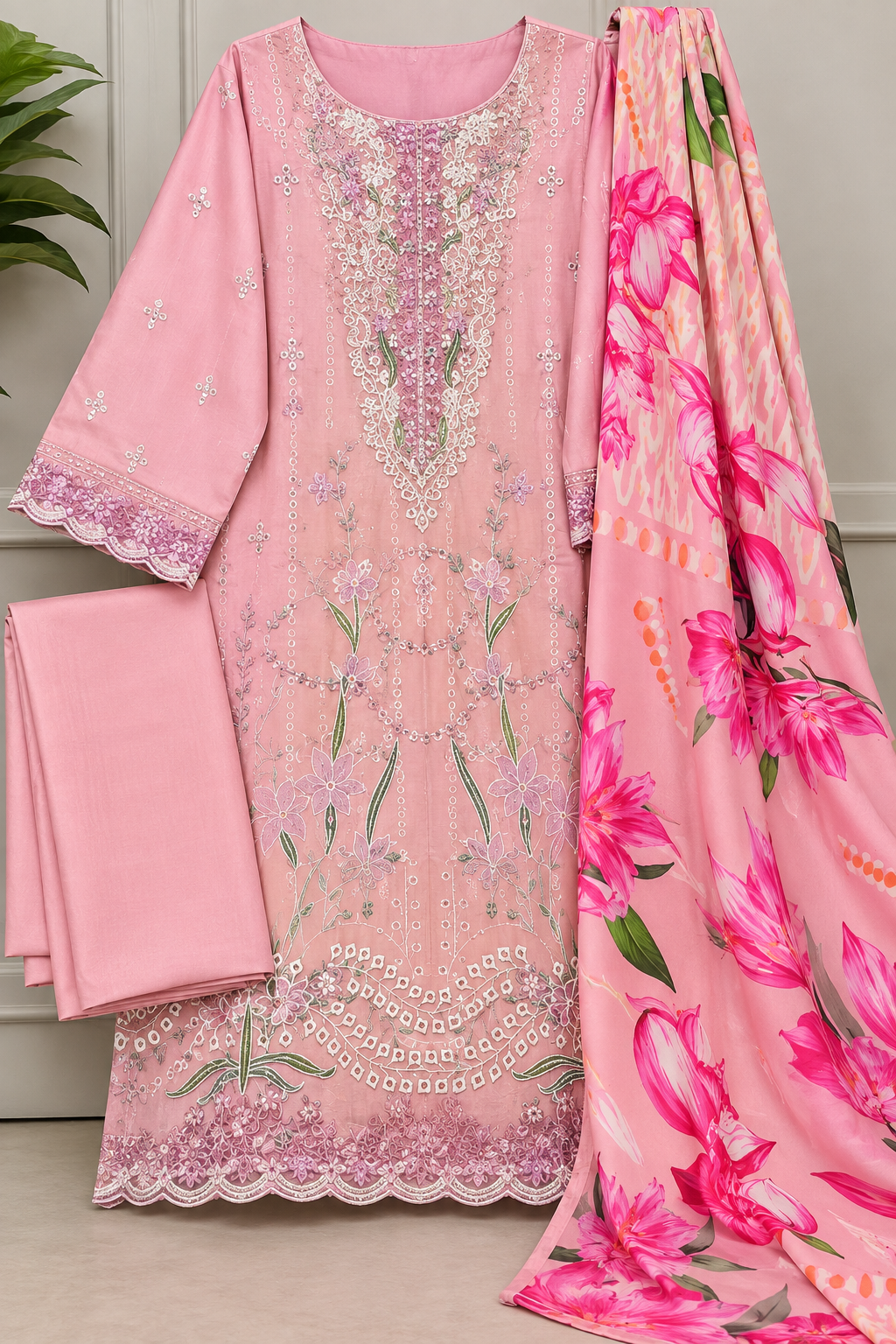 Pastel Pink Embroidered Dhanak 3 Piece Suit